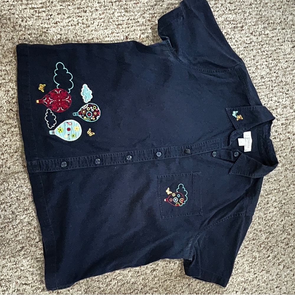 CJ Banks Blue Button Down Shirt with Floral Embroidery